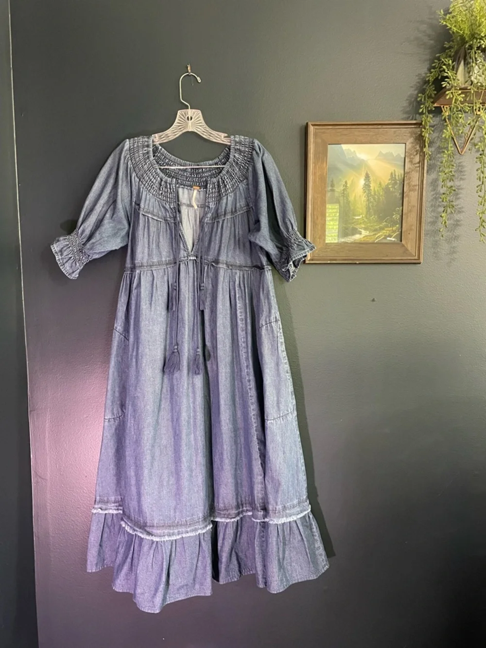 Free People One and Only Denim Dress Dark Denim Boho Ruffle Dress - Picture 5 of 6